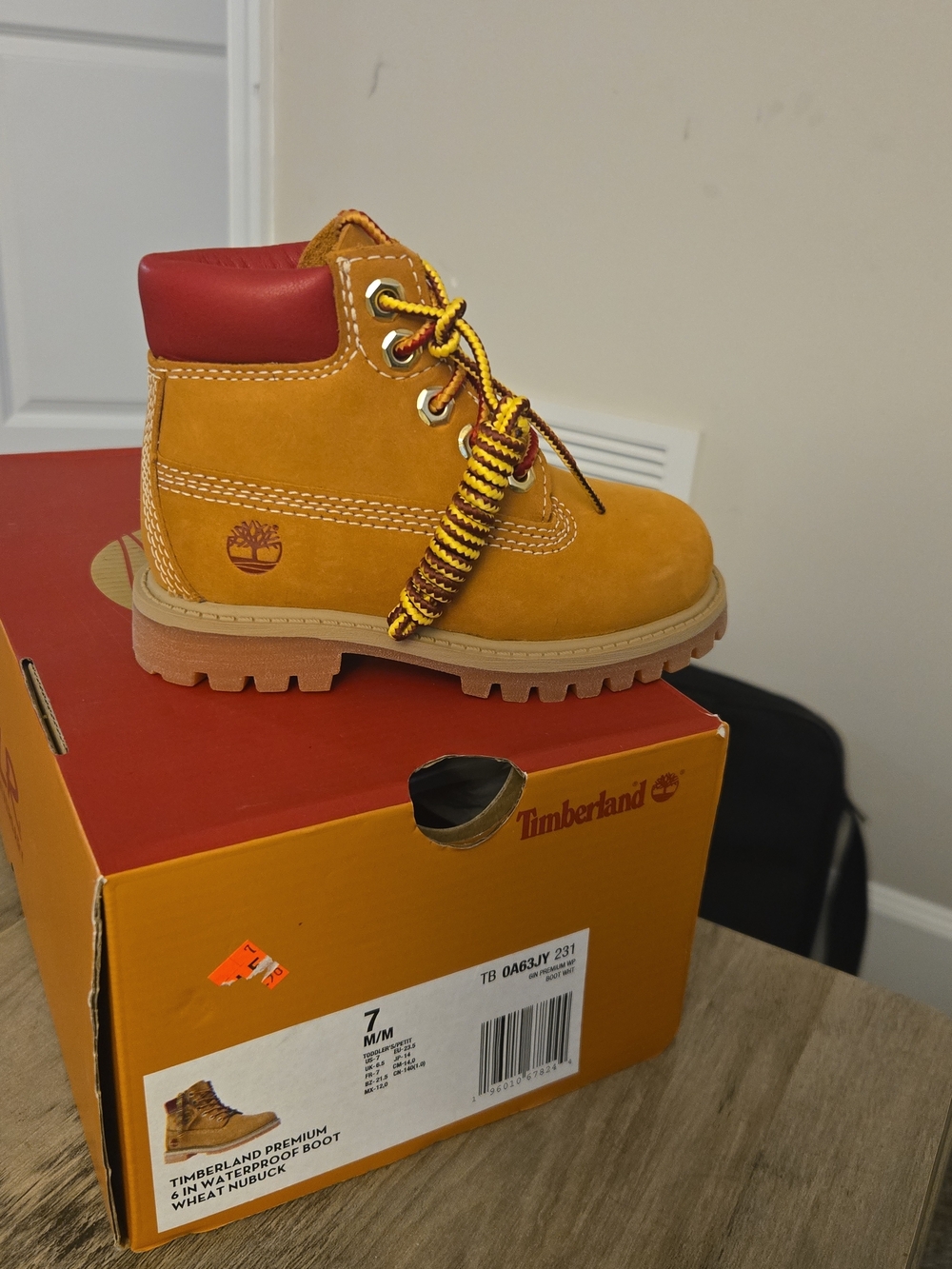 Timberland Kids' Wheat Nubuck Lace-Up Boot with Red Collar